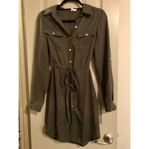 Green Button Down Tie Waist Dress